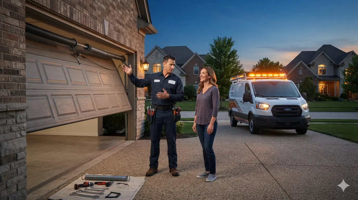 Emergency responder technician repairing an off-track garage door under headlights in Appleton, WI
