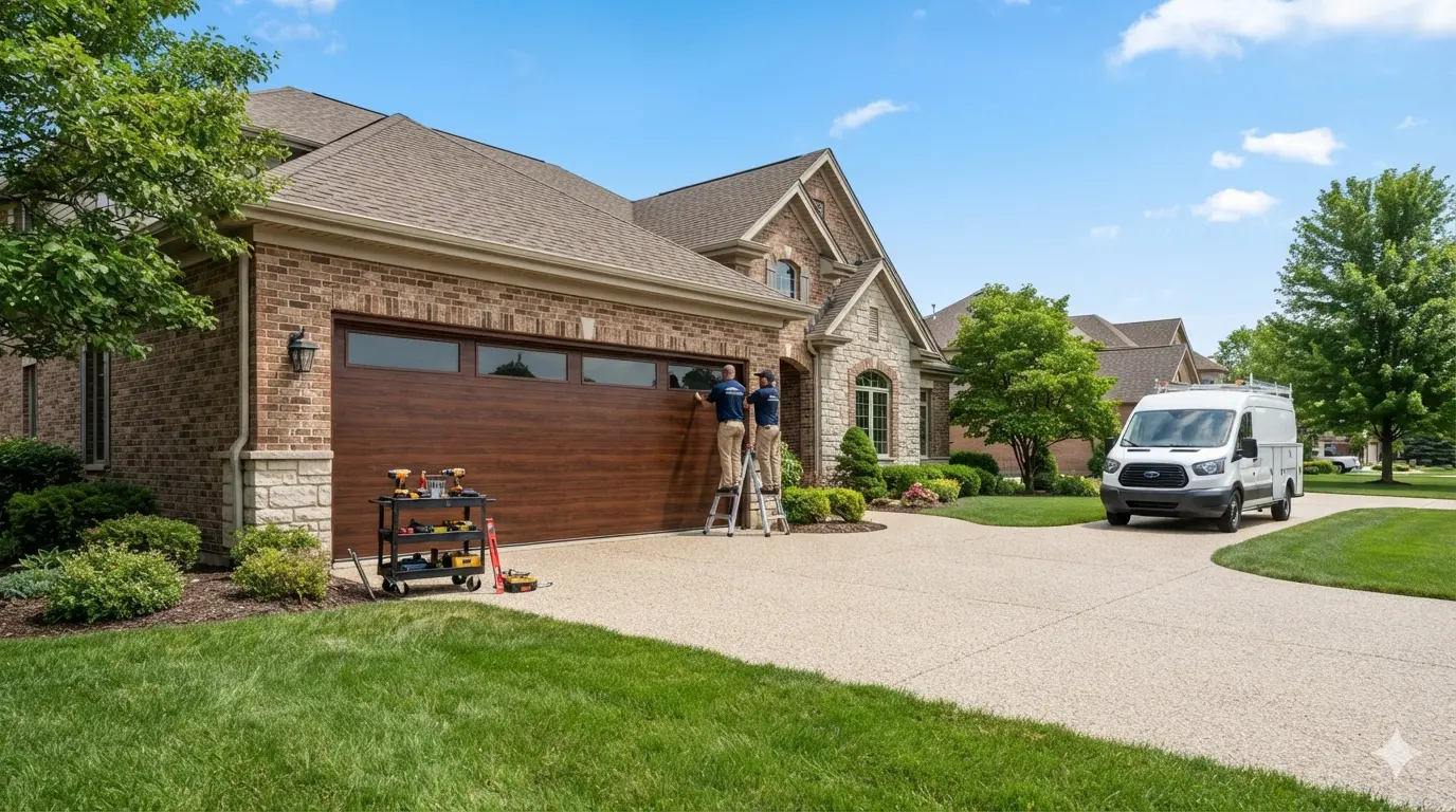 Stunning brand new modern insulated carriage-style garage doors installed on a beautiful brick home in Appleton, WI