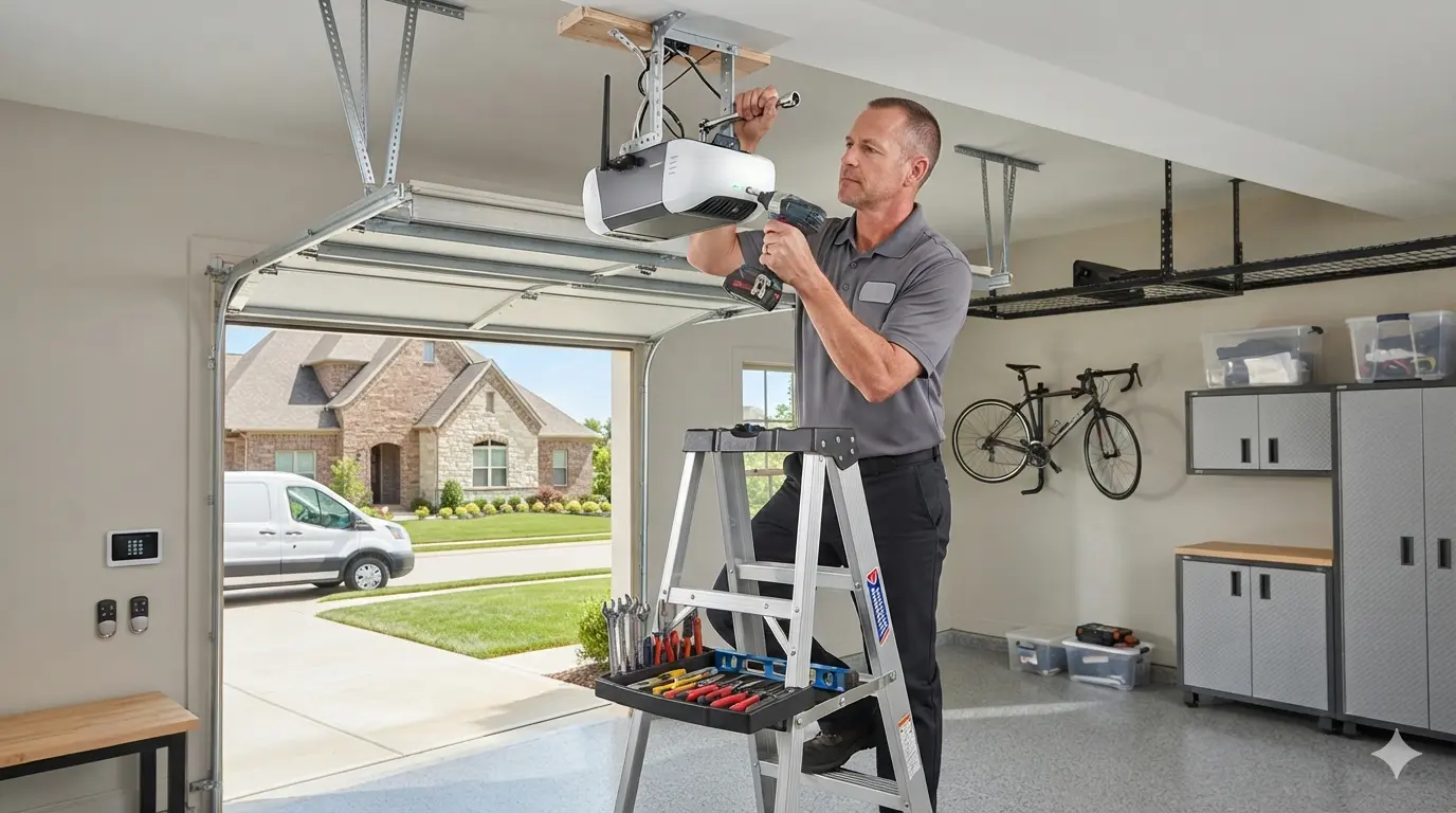 Brand new smart Wi-Fi enabled belt-drive garage door opener installed and glowing in Appleton, WI