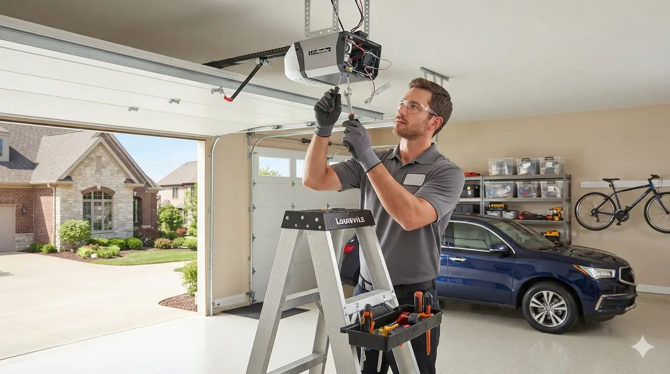 Garage door opener motor unit being serviced by a technician adjusting travel limit switches in Appleton, WI