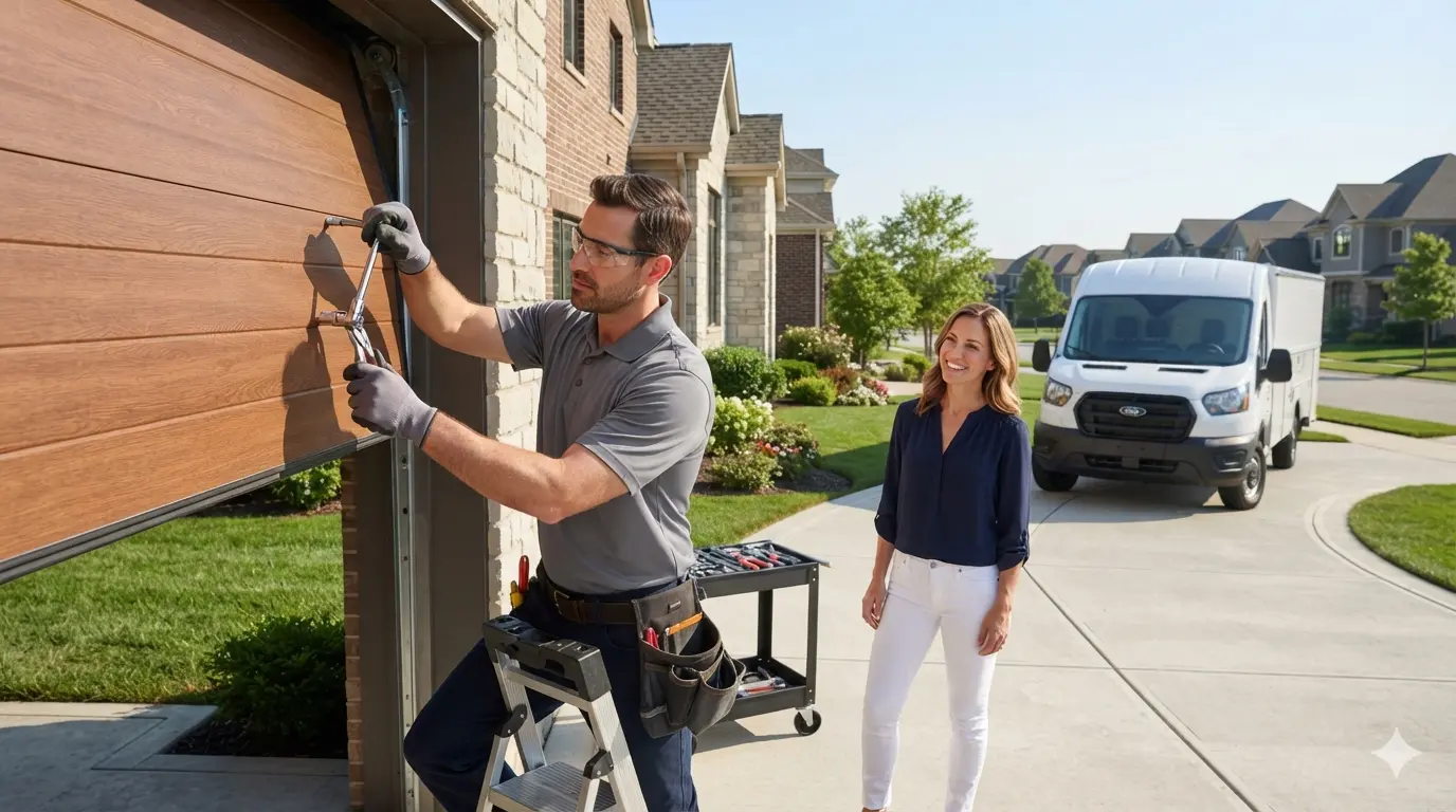 Professional garage door repair technician inspecting and aligning track hardware in Appleton, WI