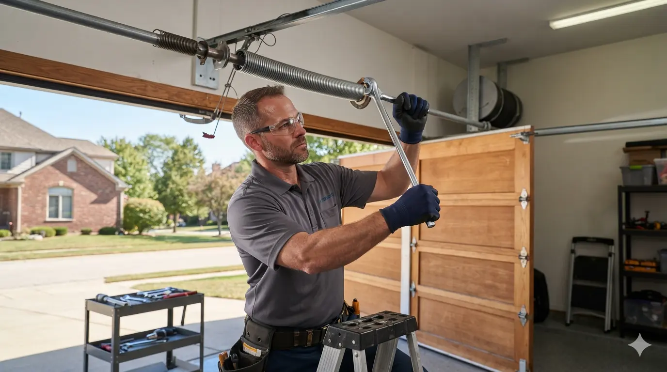 Heavy duty garage door torsion spring showing visible coil gap indicating breakage in Appleton, WI